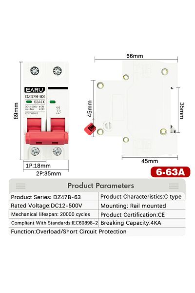EARUELETRIC 2p 63a Dc12v 24v 48v 36v Dc Mcb Battery Car Protector Mini Circuit Breaker Dz47 Dc Positive And Nega