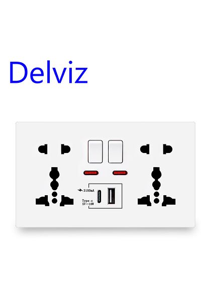Choice 110-250v White Delviz Wall Quick Charge Socket, 18w Type-c Ports, Dual Switch Control Universal Powe