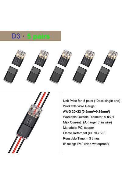 Choice 5 Pair D3 Cable Terminal Electric Wire Connector Clamp Block Quick Splice Scotch Lock Crimp For Led