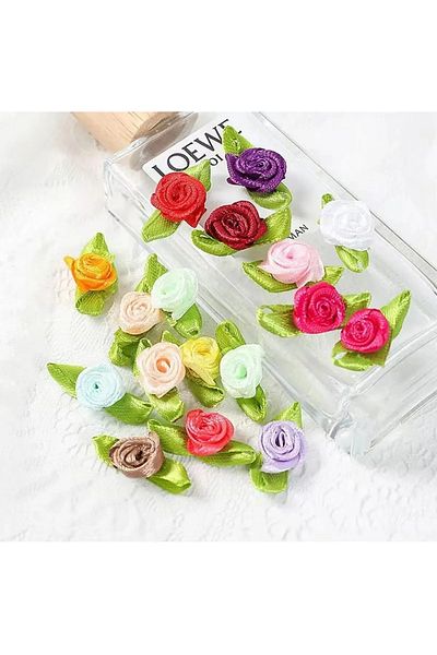 Choice Color 100pcs Artificial Fabric Flower And Green Leaf Color Mix Small Ribbon Rose Decoration For Craf
