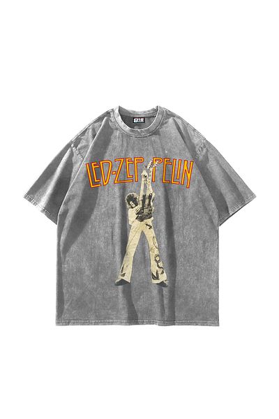 Sekizbiraltı Tricou alb premium oversize cu model Led Zeppelin
