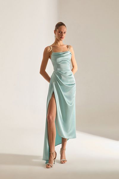 BETTY & SAM Violet Turquoise Satin Draped Sling Dress