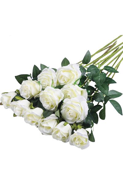 Choice White 12pcs Realistic Artificial Rose Bouquet For Weddings, Birthdays, And More For Floral Arrangeme