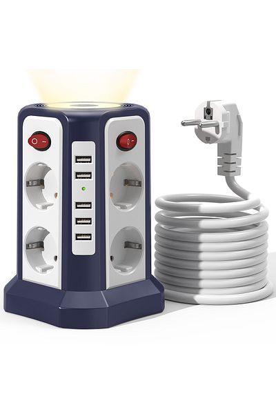 Choice برج مقبس ذكي 110-250 فولت EU 8 أزرق يورو 8 مواضع مع 5 منافذ USB وتوسعة متعددة الوظائف و