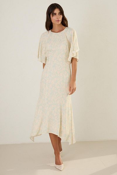 Setre Rochie lungă cu model bej cu talie și mâneci