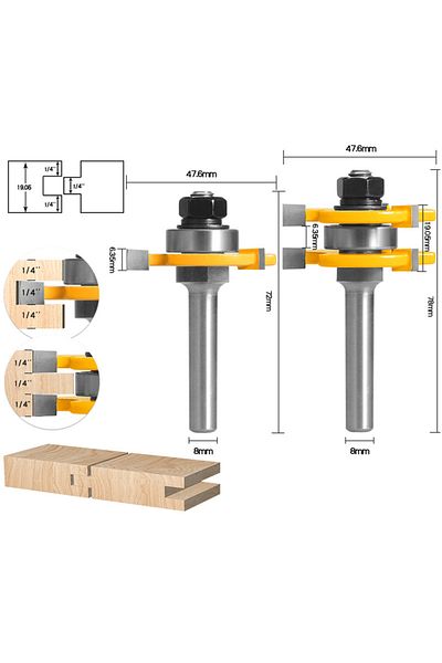 Choice 8mm Shank 2pcs 6mm 6.35mm 8mm 12mm Shank Shank Joint Assemble Router Bits Tongue & Groove T-slot Mil