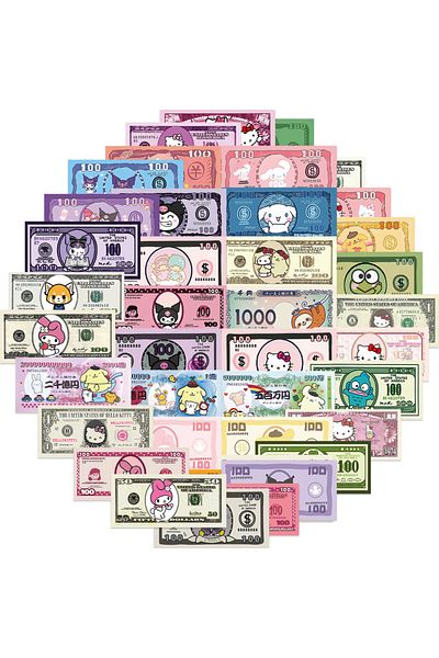 Choice 50pcs 50pcs Cartoon Sanrio Paper Money Stickers For Car Phone Scrapbook Laptop Decorative Hello Kitt