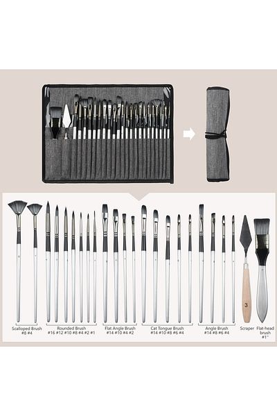 SeamiArt 24pcs 24pcs Different Shape Sliver Grey Painting Brush Set For Gouache Watercolor Oil Paint