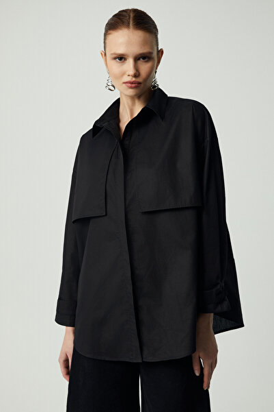 ETHIQUET Modest Vuallen Women's Relaxed Shirt Lapel Button up Long Sleeve Poplin Trench Black Shirt