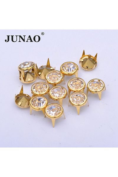 Choice JUNAO 50Pcs 10mm Gold Rhinestone Rivet Metal Studs Spikes Decoration Rivet For Leather Clothes Sh...