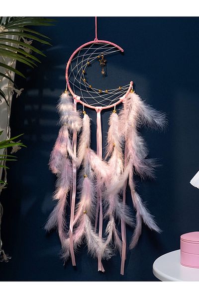 Choice Pink(NO LIGHT) Moon Dream Catcher Feather Wind Chimes Hand-woven Wall Bedroom Hanging Ornaments Birt