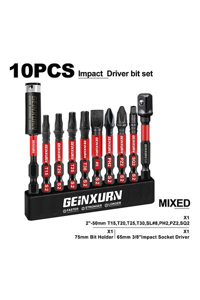 Choice 10pcs Geinxurn Mixed 2inches Impact X50 Power Driver Bit Set ,s2 Alloy Steel Bit With Storage Orga