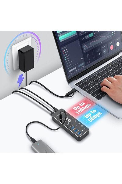 Choice محول قابس AU من RSHTECH مزود بمحول USB C مزود بالطاقة بـ 7 منافذ مع منفذ USB-C 3.2 بسرعة 10 جيجابت في الثانية ومفتاح لمس فردي