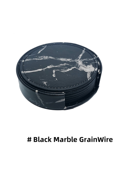 Choice 6 قطع من قواعد الأكواب المصنوعة من الجلد الصناعي بنمط رخامي أسود مع حامل للأكواب للبار