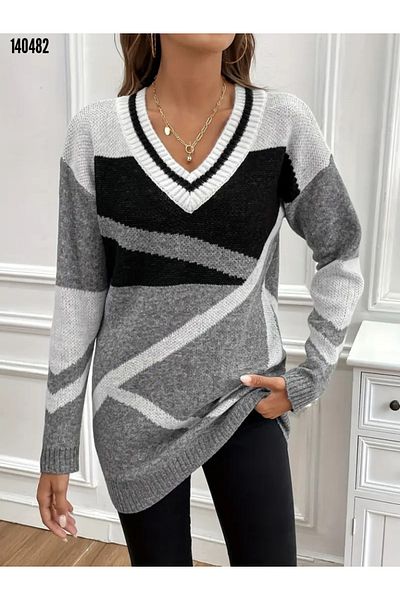 Kokosh moda ~Sezon nou~Rochie scurtă de tricotaj cu mânecă lungă, cu decolteu în V, pentru femei