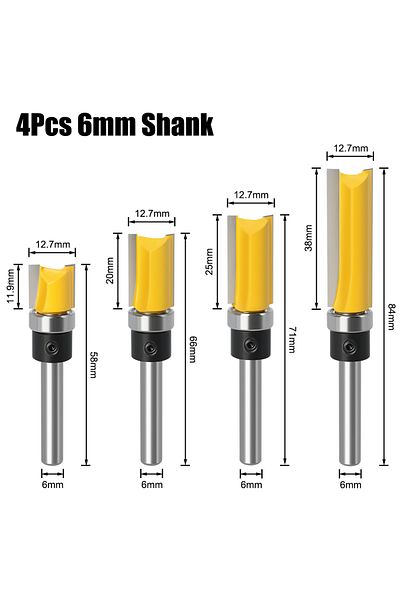 Choice 4pcs 6mm Shank 3pcs/4pcs 1/4" 6mm Shank Flush Trim Router Bit Blade Template Pattern Bit Bearing 1/2