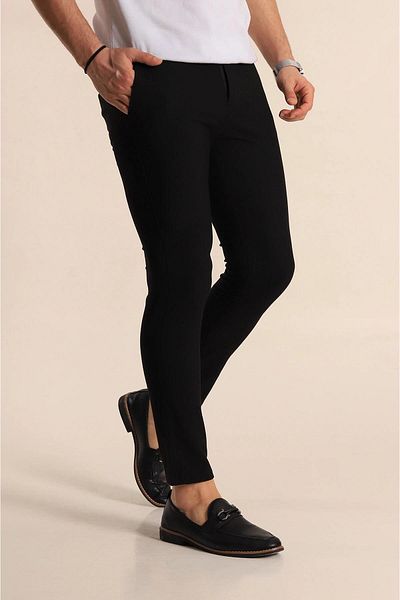 CLASSİCS MEN Men's Black Color Straight Cut Quality Stretchy Lycra Ankle Length Fabric Pants-7104