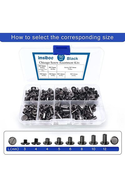 Choice Black 90sets Chicago Screws Kit, 6 Sizes Of Round Flat Head Leather Rivets Metal Screw Studs For Diy