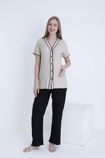 Miss Dünya Lissa Front Button V Neck Stripe Detailed Adjustable Waist Elastic Woven Pajamas Set