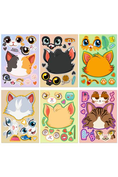 Choice 6pcs cartoon cat head face changing puzzle sticker cartoon animal Make a face toy face changing s...