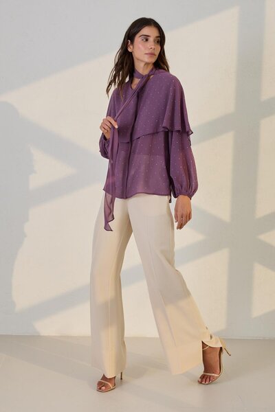 Setre Mor Boyunda Bağlamalı Pelerin Ve Taş Detaylı Uzun Kollu Rahat Kesim Bluz