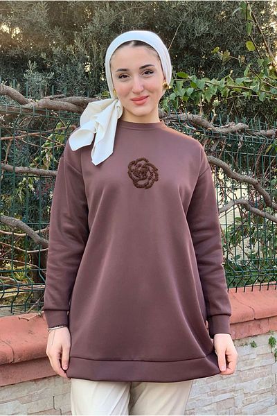 Moda Rosa 25K4445 - Brown - Flower Stone Embroidered Scuba Sweat