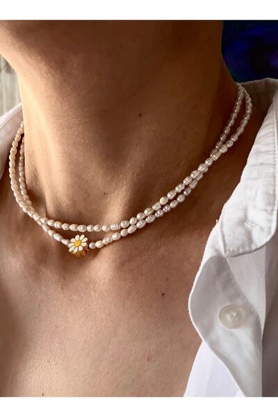 By Saadet Özkanlı Kadın Gerçek Kum Arpa Inci Kolye Choker Ve Papatya Çiçek De...
