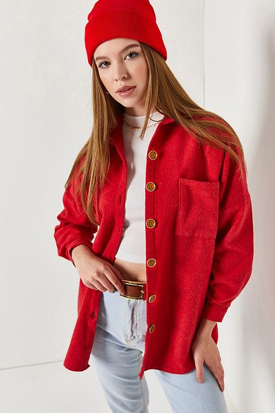 armonika Női piros oversize varrott zsebes ing ARM-22Y001156