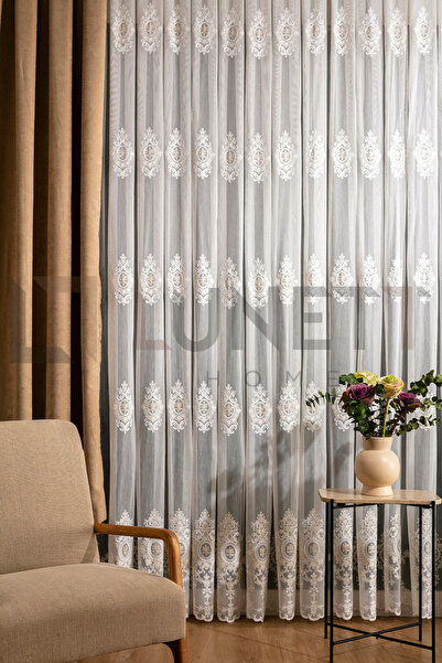 LUNETT HOME EKRU RENK DANTELLERİ BEJ CESAR SIK PİLELİ 1X3  TÜL PERDE