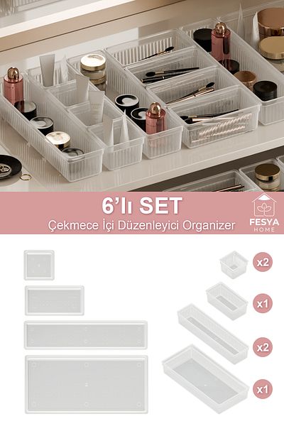 Fesya Home Origami Drawer Organizer - Transparent 6-Piece Kitchen, Office, Bathroom Organizer (2K-1O-2B-1Xl)