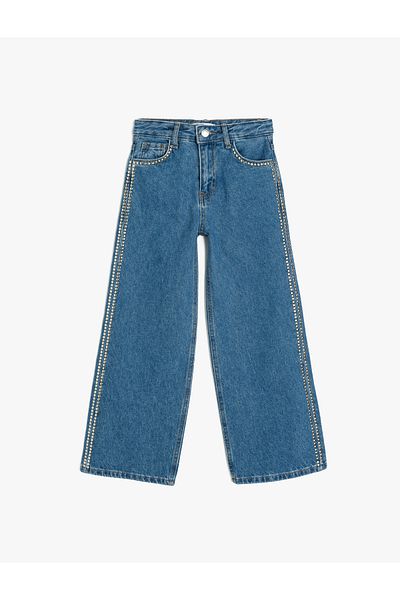 Koton Stone Detailed Cotton Wide Leg Denim Trousers