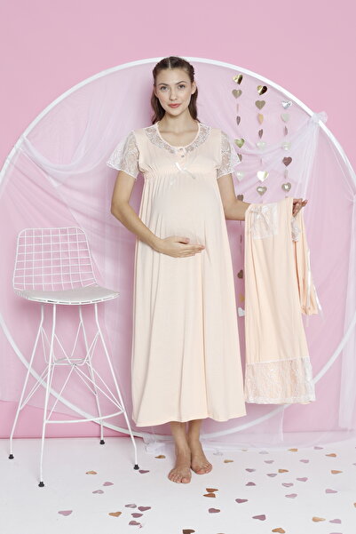 JENİKA Colorful White Lace - Short Sleeve Ribbon Dressing Gown 2-piece Maternity Nightgown Set