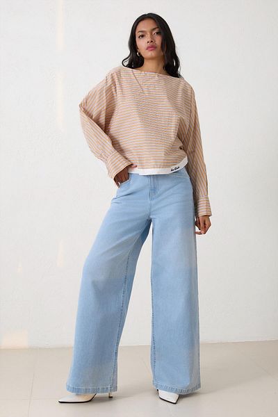 Setre Comfortable Cut Blouse with Camel Stripe and Stripe Detail