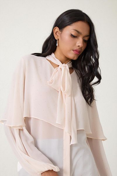 Setre Cream Halter Cape and Stone Detailed Long Sleeve Relaxed Fit Blouse