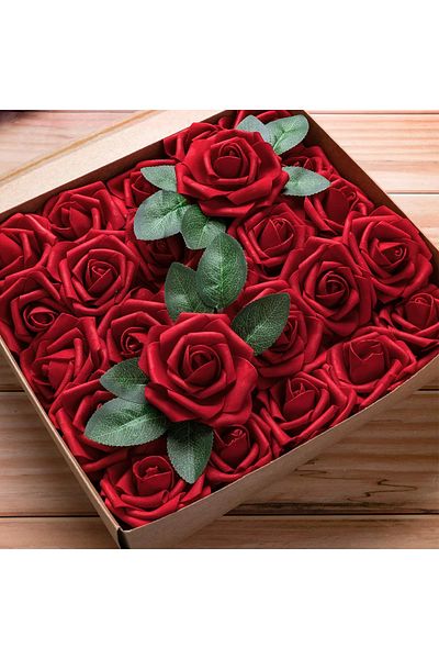 Choice Red 25pcs Artificial Flowers Rose Real Looking Foam Rose Bulk With Stems For Diy Wedding Bouquets Br