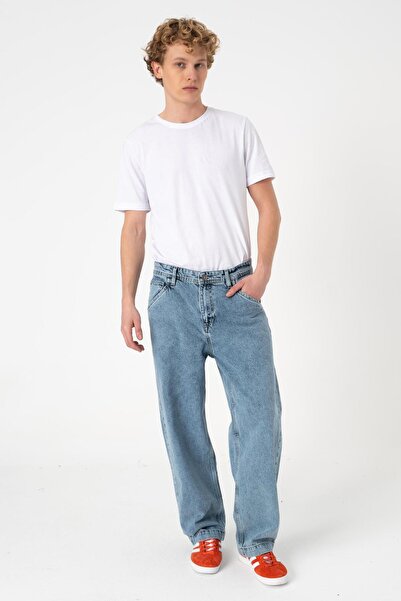 Relax Baggy Buz Mavi Jean Pantolon Geniş Kalıp Bol Paça %100 Pamuk Kar Yıkama Kot Pantolon