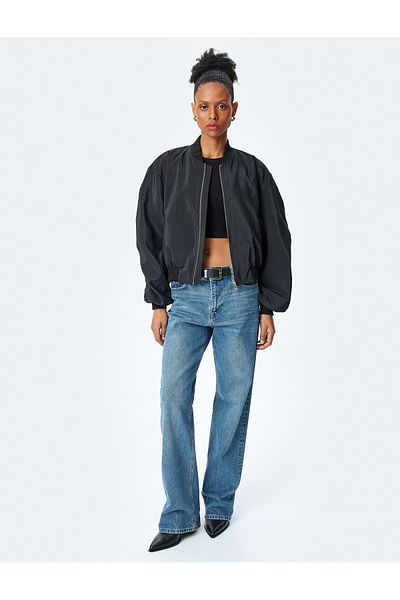 Koton Γυαλιστερό Crop Bomber Jacket College Collar με ντραπέ λεπτομέρεια στην πλάτη