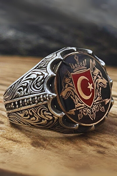 Diriliş Takı Ay Yıldız Bozkurtlar İşlemeli Gümüş Yüzük