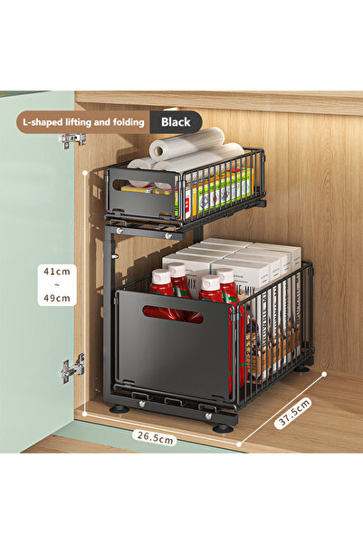 Choice منظم خزانة قابل للسحب من طبقتين باللون الأسود، رف تخزين قابل للتعديل أسفل الحوض، منظم Spice J