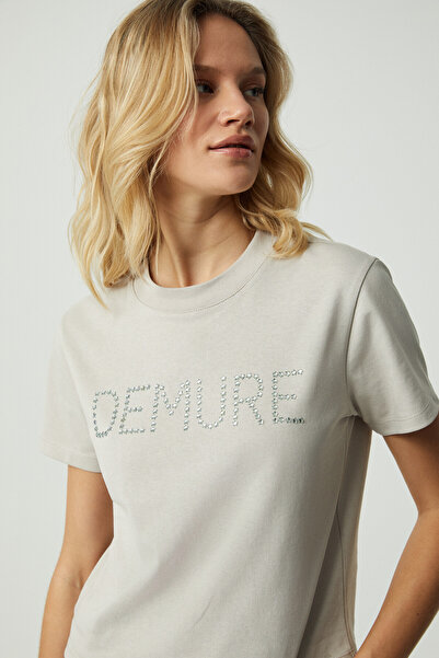 GRIMELANGE Demura Women's Regular Rhinestone Round Neck Light Grey T-Shirt