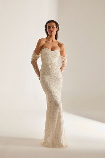 BETTY & SAM Lineta Beading Embroidered Strapless Fish White Evening Gown