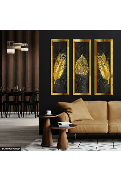 Evinemoda Gold Tüyler ve Yaprak Pleksi Aynalı 3 Parça Tablo