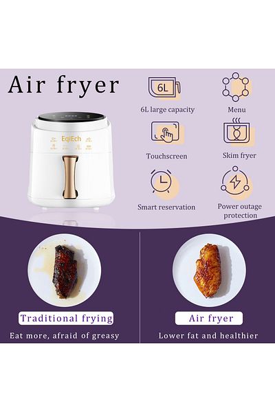 EqiEch 6L Smart Air Fryer, Touch Screen, Auto Power-Off, Non-Stick, Healthy Eating, White, 1500W