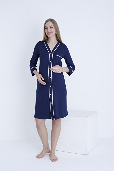 Miss Dünya Lissa Önden Düğmeli Şerit Detaylı Hamile ve Lohusa Örme Gecelik