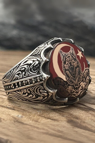 Diriliş Takı Türk Bayrağı Bozkurt İşlemeli Gümüş Yüzük