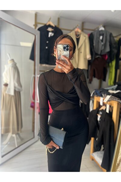 Butik Üst kısım transparan tasarım midi elbise