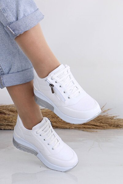 Artois White Matte Leather Lace-Up Zippered Women's Sports Shoes