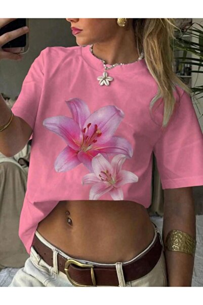 NO 601 Tricou de damă roz oversize cu imprimeu cu flori duble