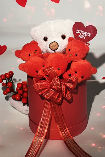 Sole Premium Özel Hediye Kutuda  Beyaz Ayıcık ve  Kırmızı Peluş Ayıcık Buketi, Sevgiliye, Doğum Gününe He