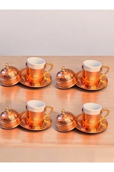 Lüks Bakır Kahve Fincan Takımı 4 Kişilik